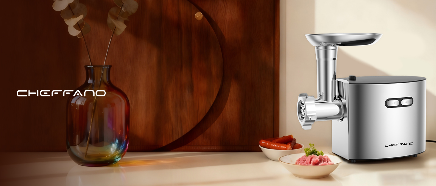 М'ясорубка електрична CHEFFANO 2000W з насадками для ковбас та кубебе, нержавіюча сталь, чорна