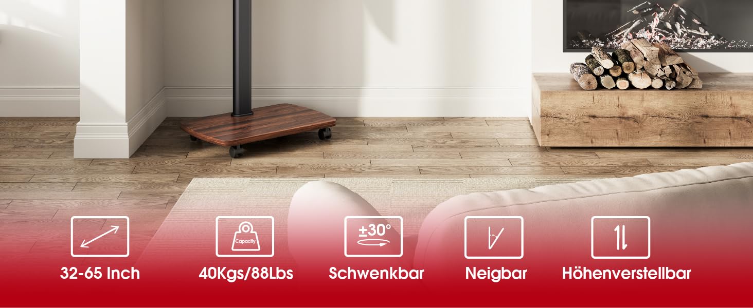 AOKCOS Rolling TV Stand with Wood Shelf - Adjustable Height & Swivel - VESA 400x400 - Holds 32-65 Inch TVs up to 40kg