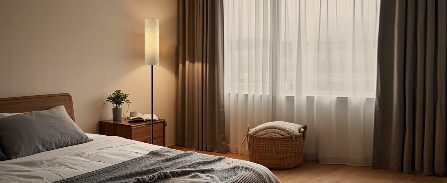 Стійка лампа для вітальні з 3 колірними температурами, 12W E27, бавовняний абажур, вимикач на нозі, LED диммер, підходить для спальні, читання, офісу (сучасний)