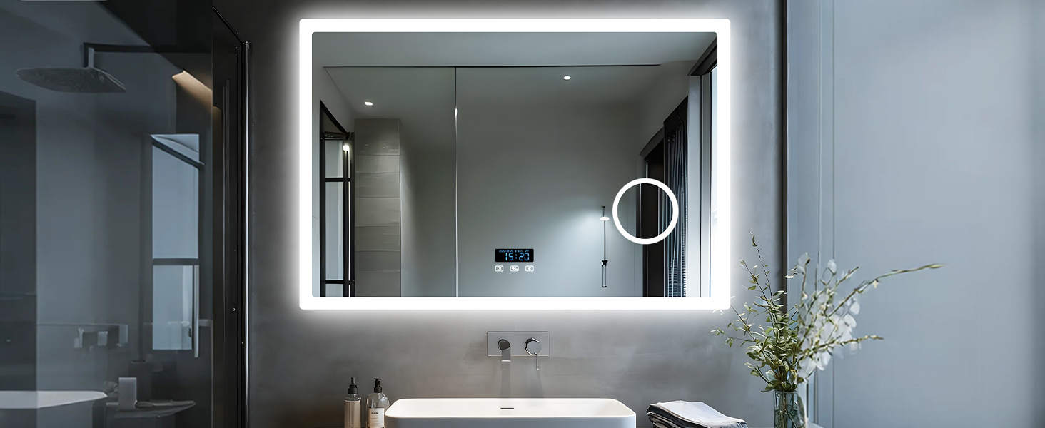Дзеркало для ванної кімнати LUVODI з підсвічуванням 100x70 см: годинник, температура, дата, антизапар, регулювання яскравості, 3 кольори світла, функція пам'яті, LED, водонепроникність (60L x 80B см, 3x лупа + Bluetooth)