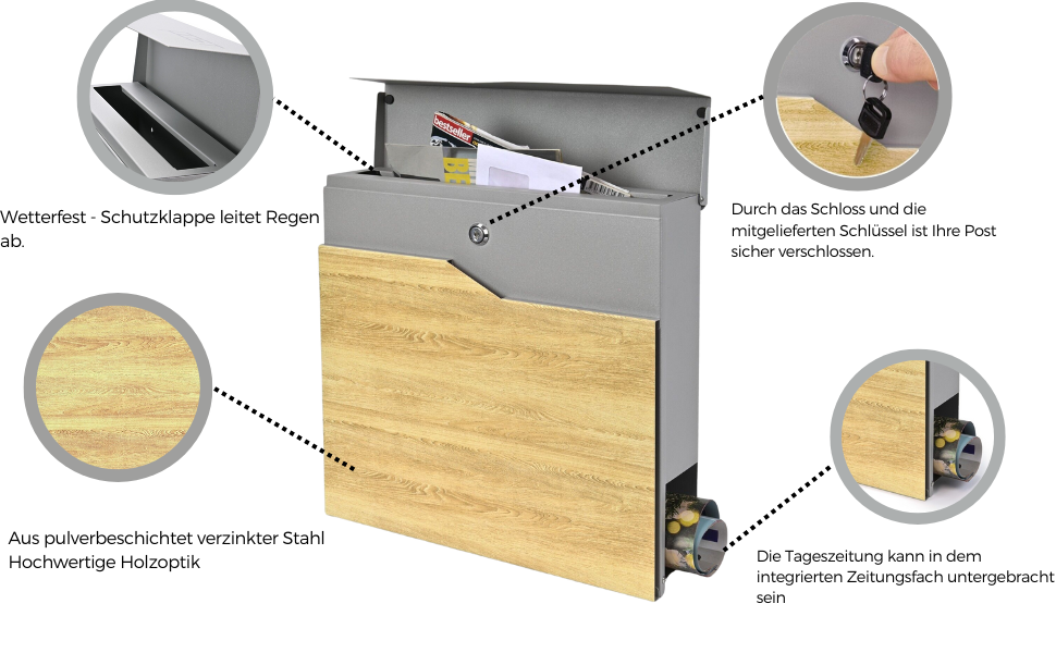 Поштова скринька Verda Anthracite з газетницею, порошкове покриття AkzoNobel, 2 ключі, табличка з іменем, персоналізована, дизайнерська настінна поштова скринька з нержавіючої сталі (срібло з виглядом дерева)