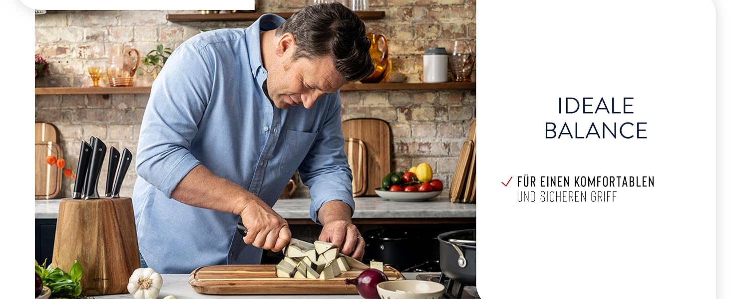 Набір ножів кухонних Jamie Oliver by Tefal (5 предметів) + блок: шеф-ніж, сантоку, для хліба, універсальний, овочечистка. Німецька сталь, акація, коричневий K267S556