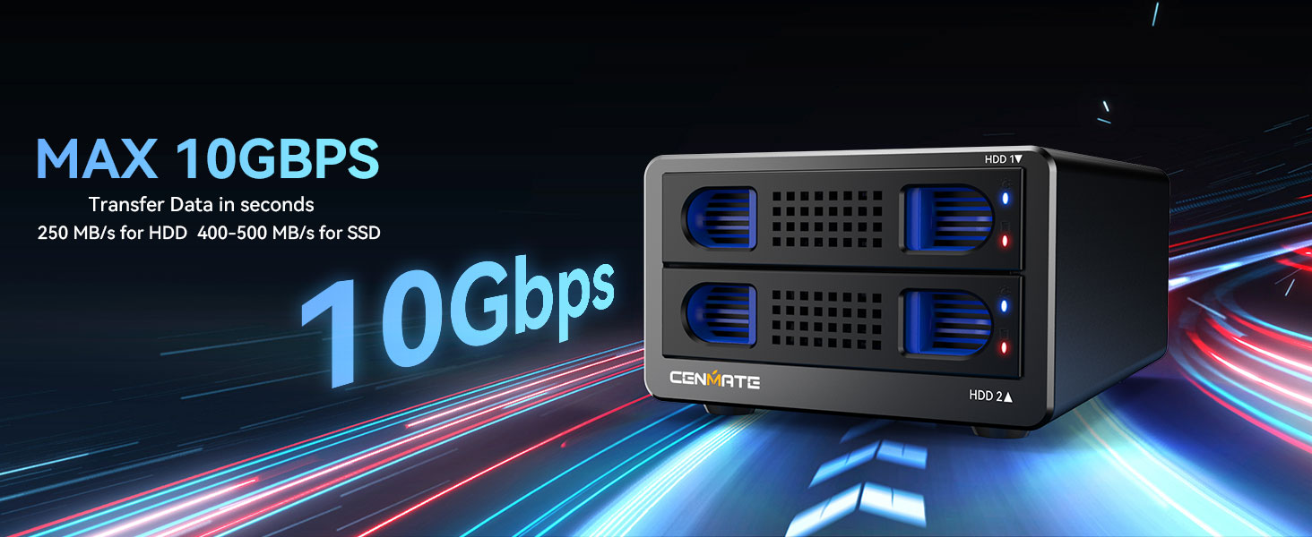 Корпус для жорстких дисків 10Gbps Dual Bay з алюмінію та вентилятором для 2.5/3.5 SATA HDD/SSD з USB A/C 3.2, Hot Swappable, Daisy Chain, DAS (без RAID/NAS)