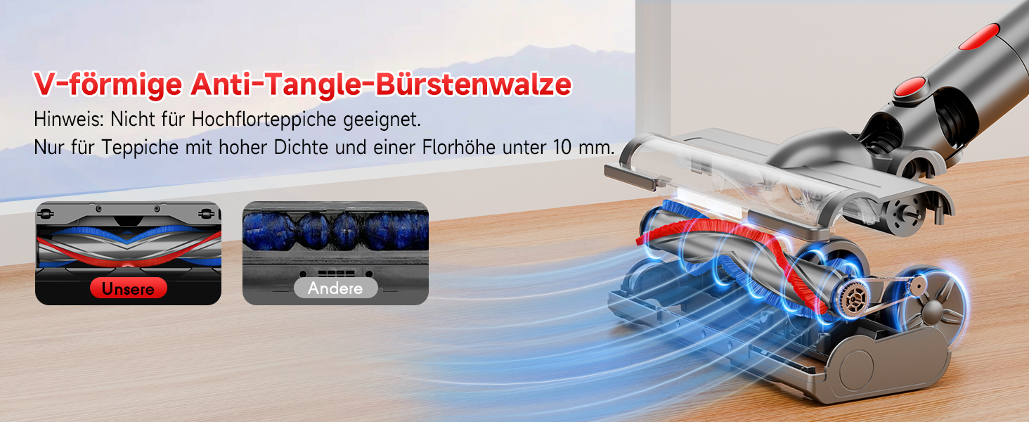 Бездротовий акумуляторний пилосос 45000 Па – 45 хв роботи, тихий (<65 дБ), LED-дисплей, 8-в-1 бездротовий пилосос з антизаплутаною насадкою та HEPA-фільтром – для шерсті тварин, килимів, твердих підлог та алергіків, червоний