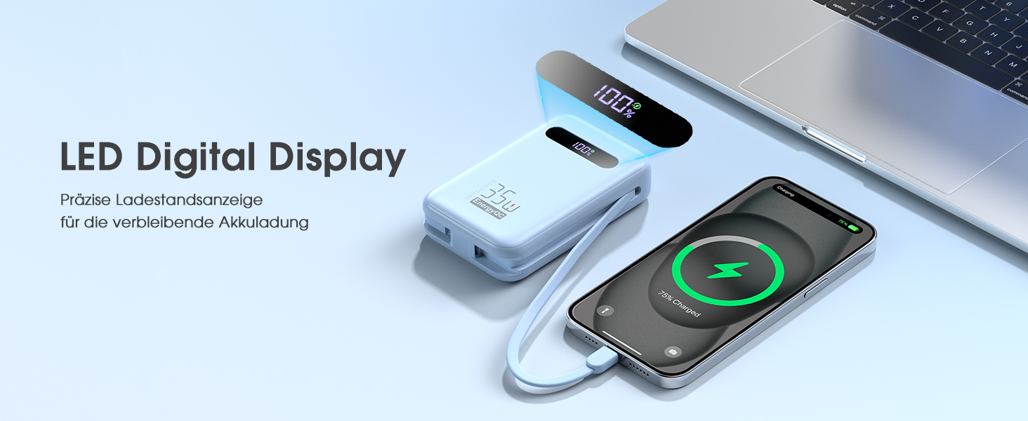 Powerbank 20000mAh з PD 35W, USB-C, LED дисплеєм та кабелями для iPhone, Samsung, Huawei
