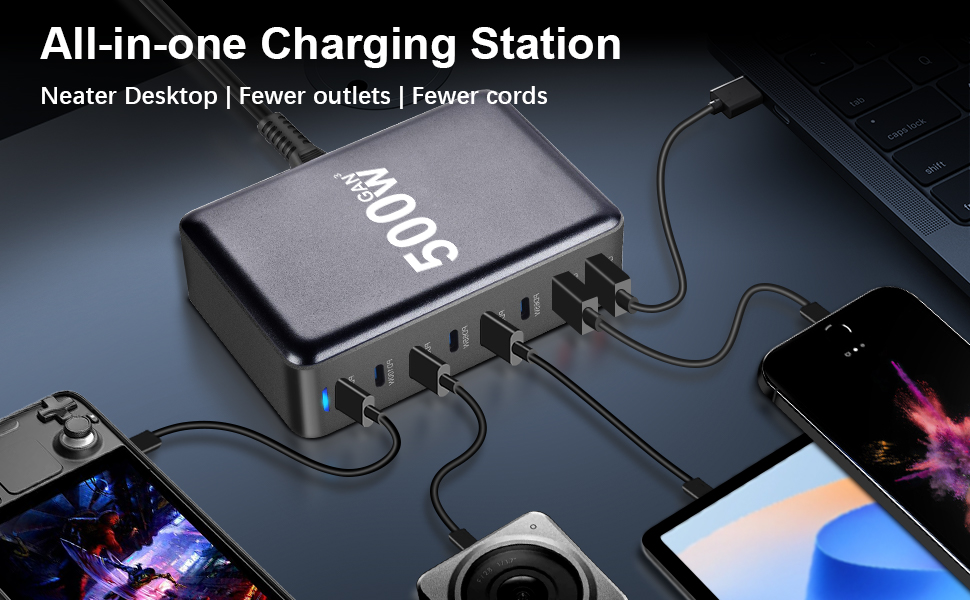 Зарядний пристрій USB C 500W, 8 портів: швидка зарядка USB-C/USB-A, PD PPS 100W для MacBook, iPad, Samsung та інших пристроїв