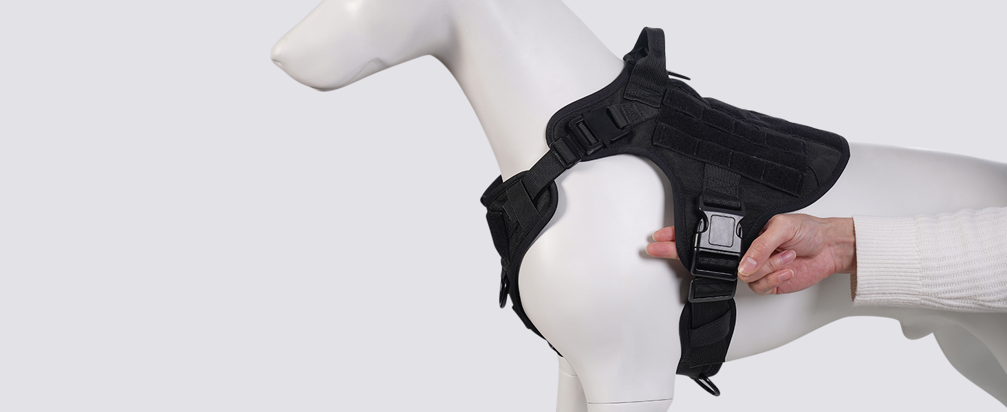 Шлейка для собак Rabbitgoo для великих собак без натягу, тактична нагрудна шлейка з MOLLE, металеві пряжки, дихаюча, військова, чорна, розмір L (1 шт.)