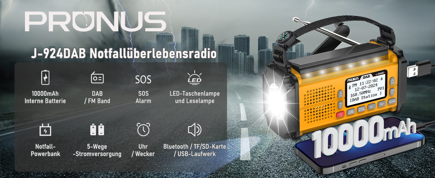 Радіоприймач PRUNUS J-924D: DAB+/UKW, радіо з ручкою, акумулятор 10000mAh, Bluetooth, ліхтарик, SOS, зарядка для телефону (зелений/жовтий)