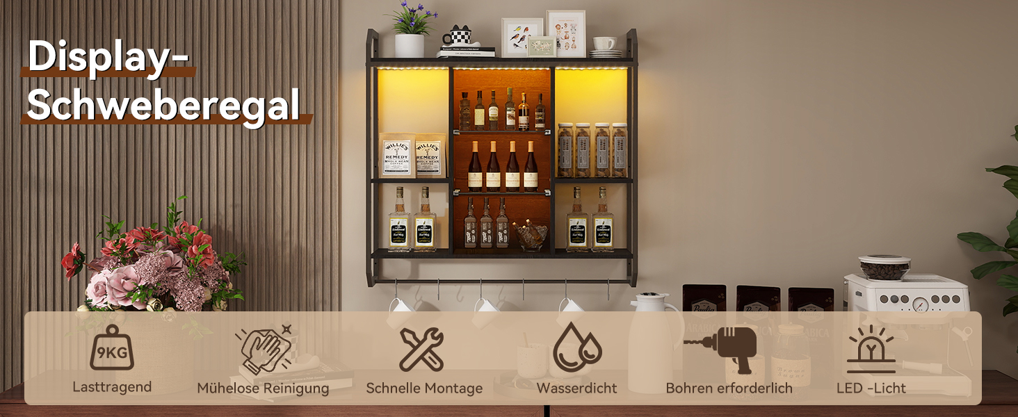 Стильне металеве вітрина для вина з LED-підсвічуванням на стіну, 3 яруси, чорний колір, для бару, кухні, вітальні, ресторану, 20x80 см