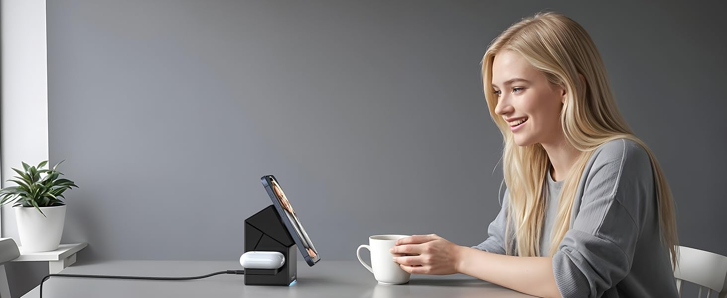 ZEEHOO Зарядна станція 3 в 1 для Apple MagSafe, iPhone 16/15/14/13/12, Apple Watch та AirPods (30W USB-C), Чорний