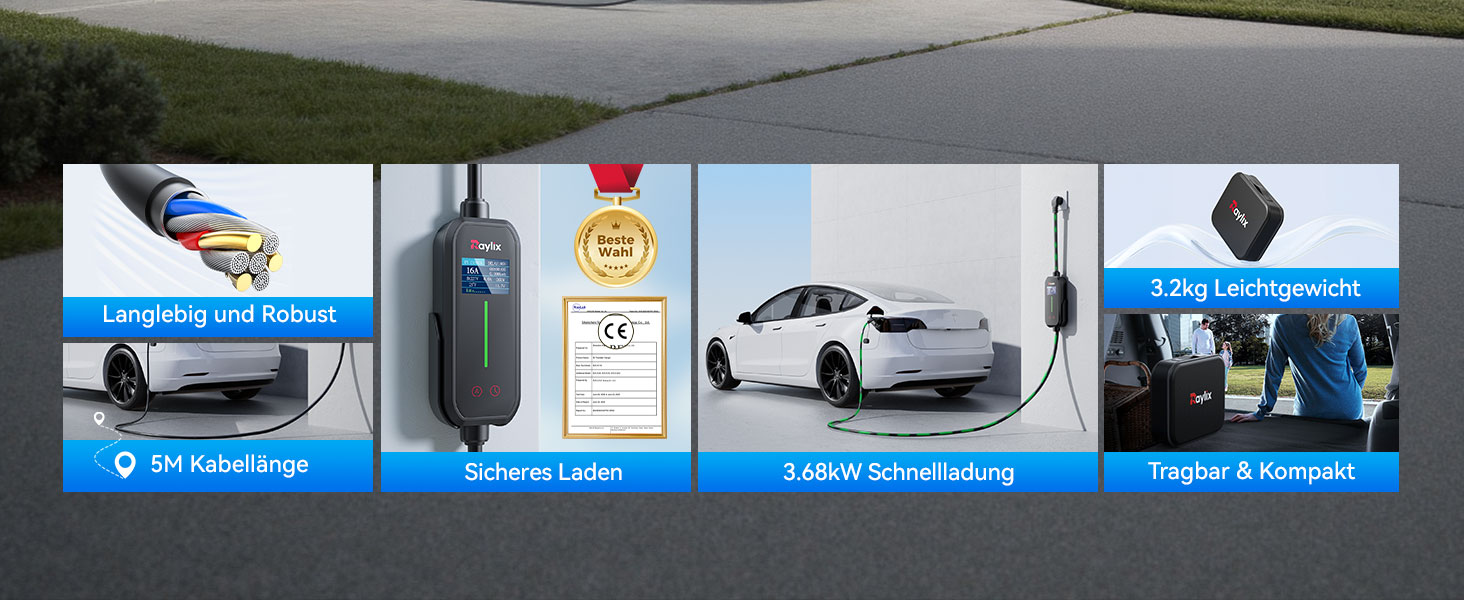 Raylix 2026 Neu 11kW Wallbox для електромобіля Typ 2 з кабелем 8-16A (3 фази), лічильником електроенергії, регулюванням струму та відтермінованим заряджанням + кабель CEE 16A - Typ 2 (5м)