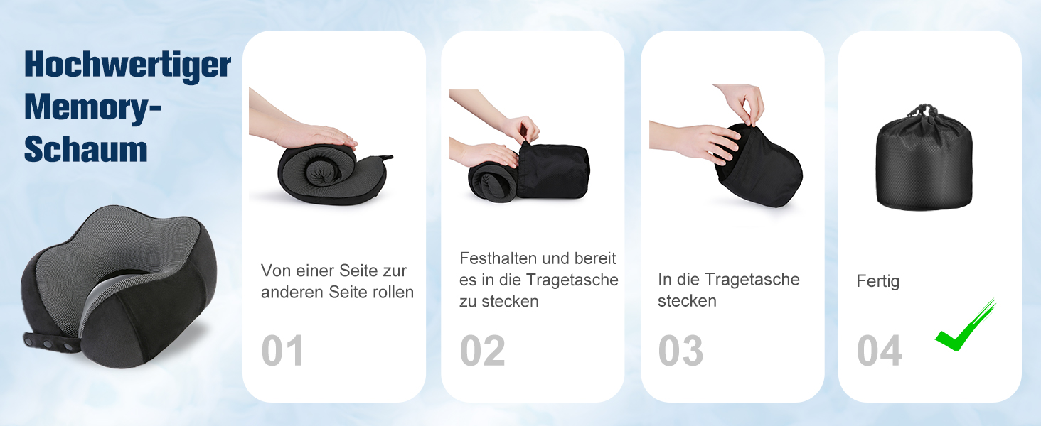 Подушка для шиї у літак, доросла, з піною Memory Foam, регульована, компактна, ергономічна, м'яка, дихаюча, з навушниками, маскою для сну, чорна сумка
