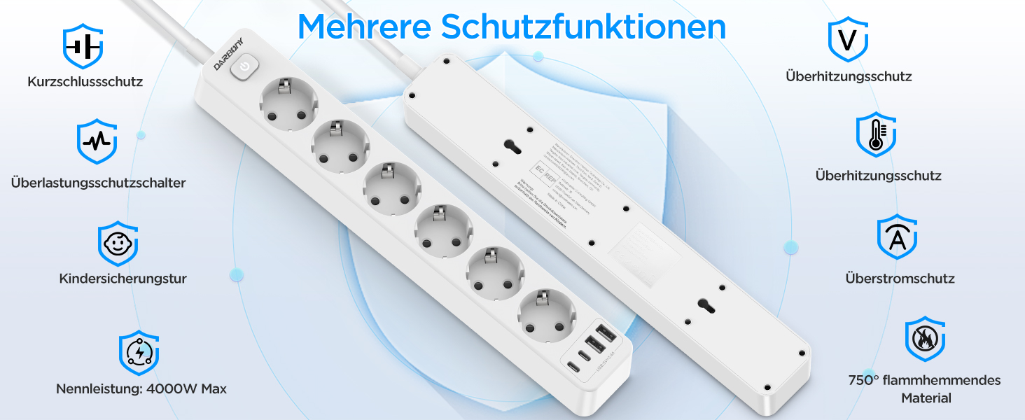 Мережевий фільтр з 4 USB та 6 розеток з вимикачем, для кухні, офісу, 3680W, 16A, 2 Type-C, білий кабель 1.8м