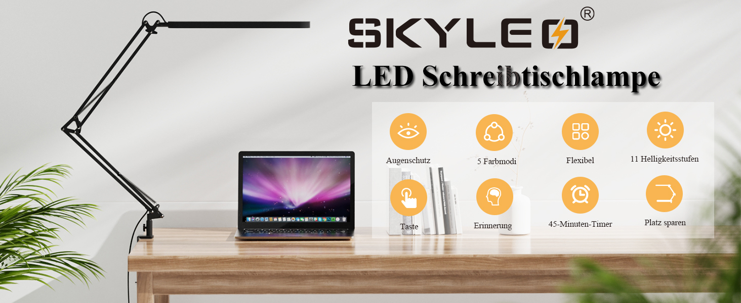 SKYLEO LED Desk Lamp with Adjustable Gooseneck - 80cm Height, 5 Color Modes, 11 Brightness Levels, Timer & Memory Function, 12W, Black - Clamp-On Design