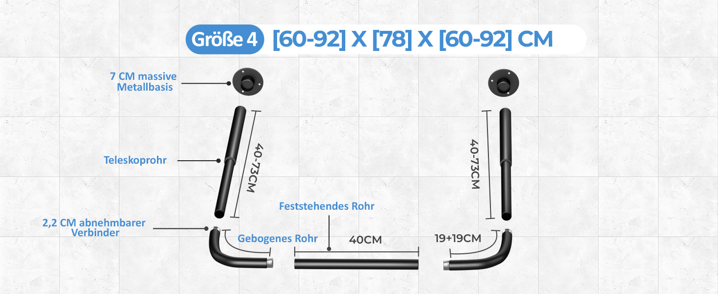 Регульована душова штанга U-подібної/L-подібної форми, 60-92 x 78-196 x 60-92 см, з 12 кільцями для шторки та підпоркою для стелі, чорна. Підходить для ванни/ванної кімнати. Потрібне свердловий монтаж.