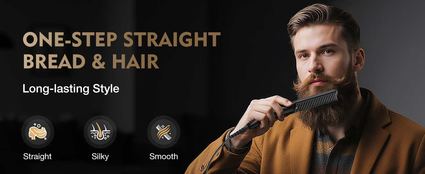 VIKICON Випрямляч для бороди чоловічий, мініатюрний електричний, швидкий нагрів, щітка-гребінець, іонний випрямляч для догляду за коротким та довгим волоссям, чорний