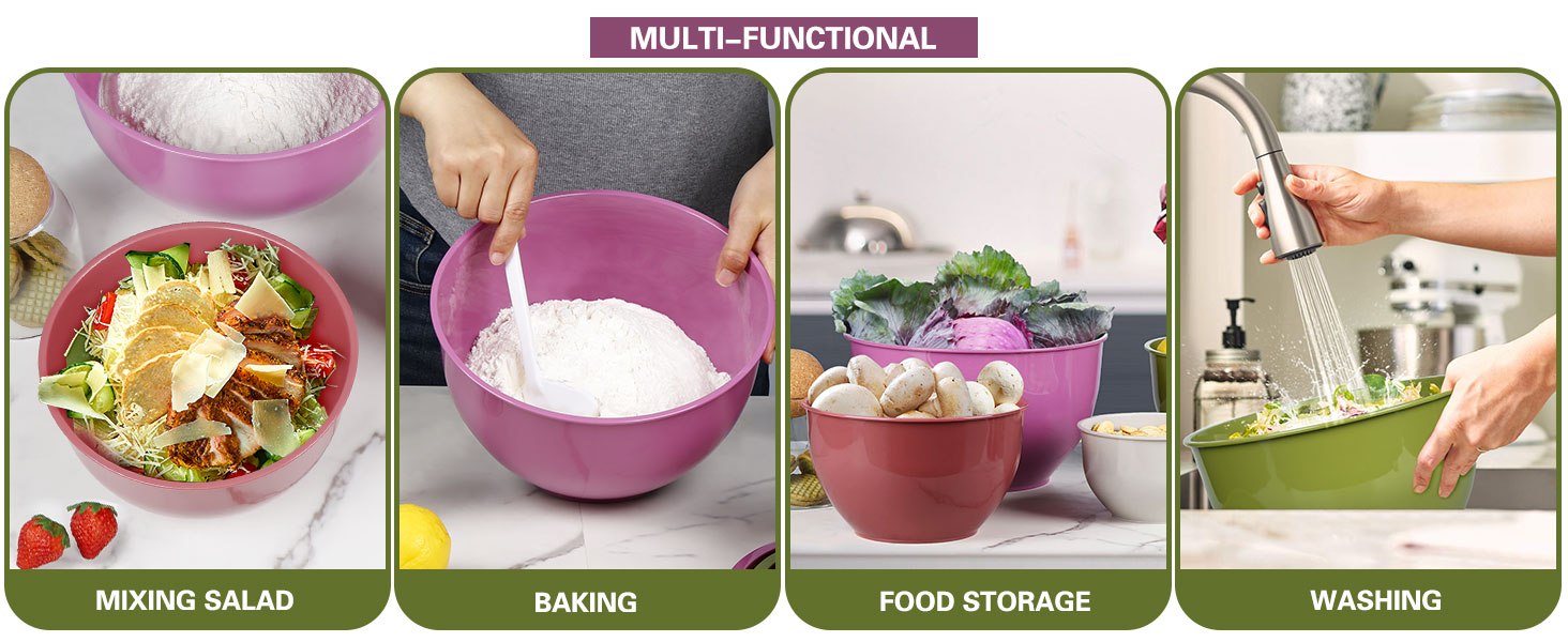 Набір салатниць з кришкою, міски для перемішування з пластику, набір вкладишів для кухні, великі салатниці, сервіровочні миски для змішування та подачі, BPA-free, фіолетовий