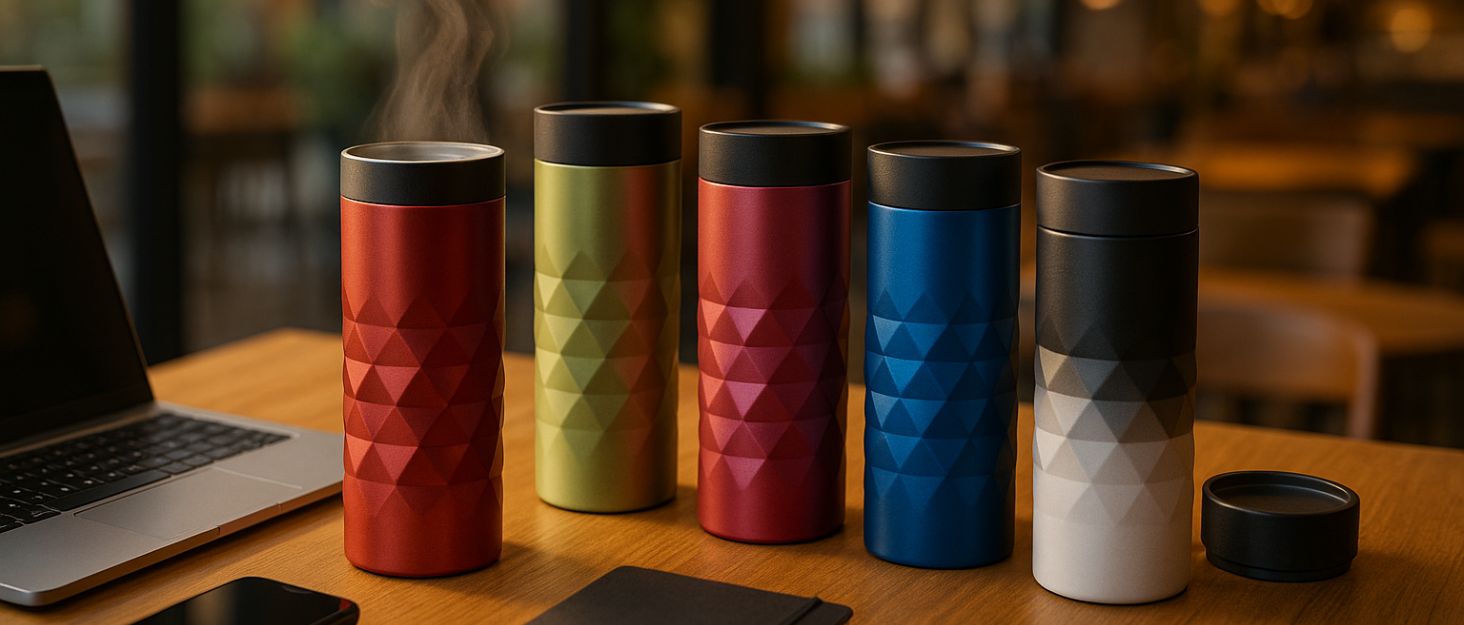 Термокружка Diamond з нержавіючої сталі 450 мл, Aquamarin Blue, з кнопкою, без BPA, витримує гарячі та холодні напої, витікання захищено, матова блискуча поверхня