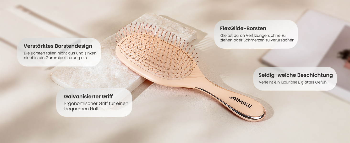 AIMIKE Rose Luxe Щітка для розчісування волосся без болю, з вентиляцією та ультрам'якими гнучкими щетинками FlexGlide, легко видаляє ковтуни, для мокрого та сухого волосся, для жінок, дівчаток та дітей (Рожева, з повітряною подушкою)