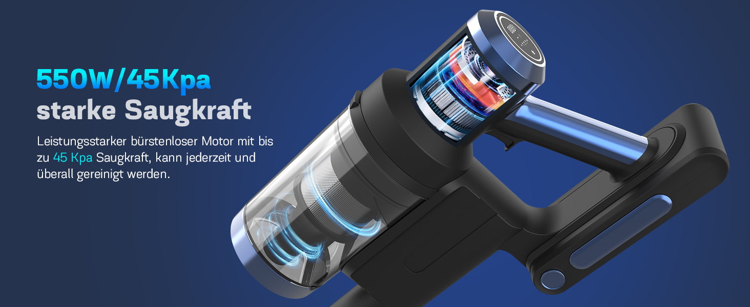 Бездротовий пилосос Nigecue 550W з акумулятором, 45000Pa, 60 хвилин роботи, Smart-дисплеєм, антизаплутувальною щіткою та контейнером 1.5L. Ідеально підходить для твердих підлог, килимів та видалення шерсті тварин.