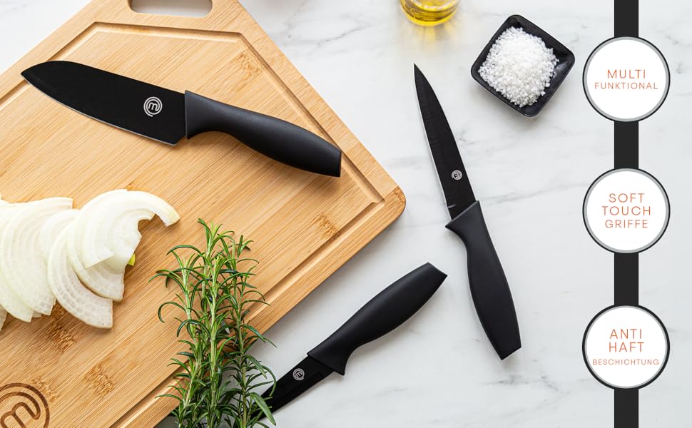 Набір кухонних ножів MasterChef: кухонний, овочевий, для чищення, нержавіюча сталь, антипригарне покриття, Soft-Touch ручки, чорний, 3 шт.