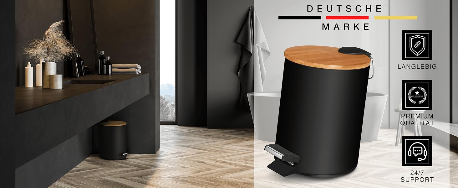 Смітник для косметики VMbathrooms з педаллю та бамбуковою кришкою, 3 л, Soft-Close, чорний — для ванної кімнати та туалету