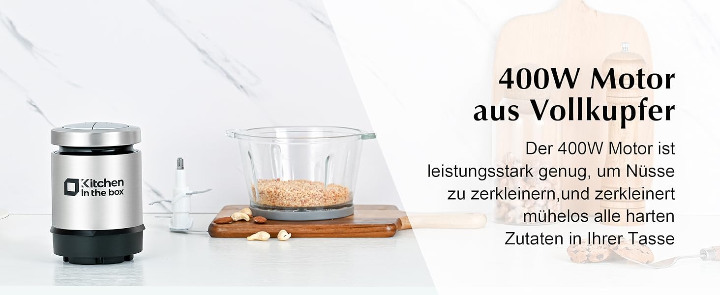 Електричний подрібнювач Zerkleinerer Kitchen in the Box 400W зі скляною (1л) та сталевою (2л) чашами для м'яса, овочів, фруктів та дитячого харчування, сріблястий