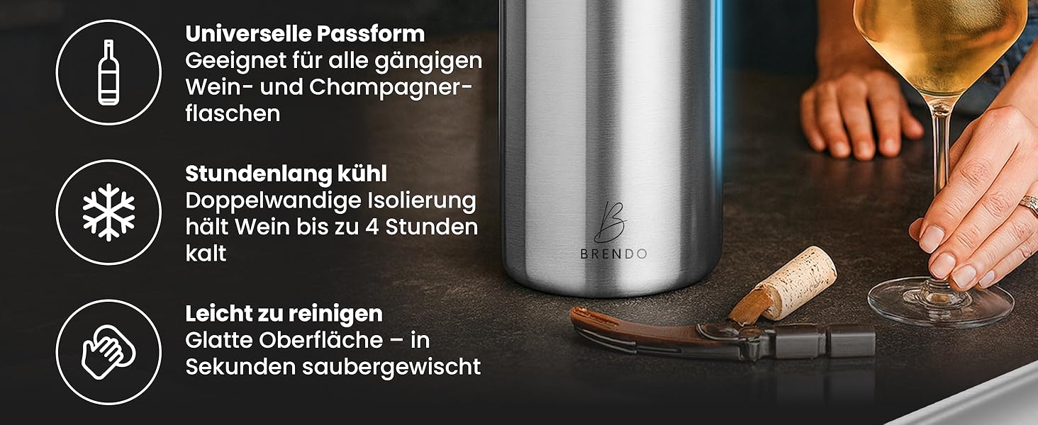 Охолоджувач для пляшок та шампанського Brendo Weinkühler Edelstahl - подвійний, ізольований, срібляний | Охолоджувач для вина, шампанського, белого вина | Подарунковий набір для чоловіків та жінок