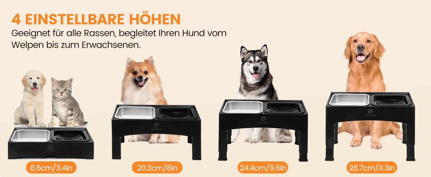 Підвищена годівниця для собак Happy Hachi: повільна годівниця, миска для води без обливання, регульована по висоті, для великих, середніх та малих собак (чорно-срібна)