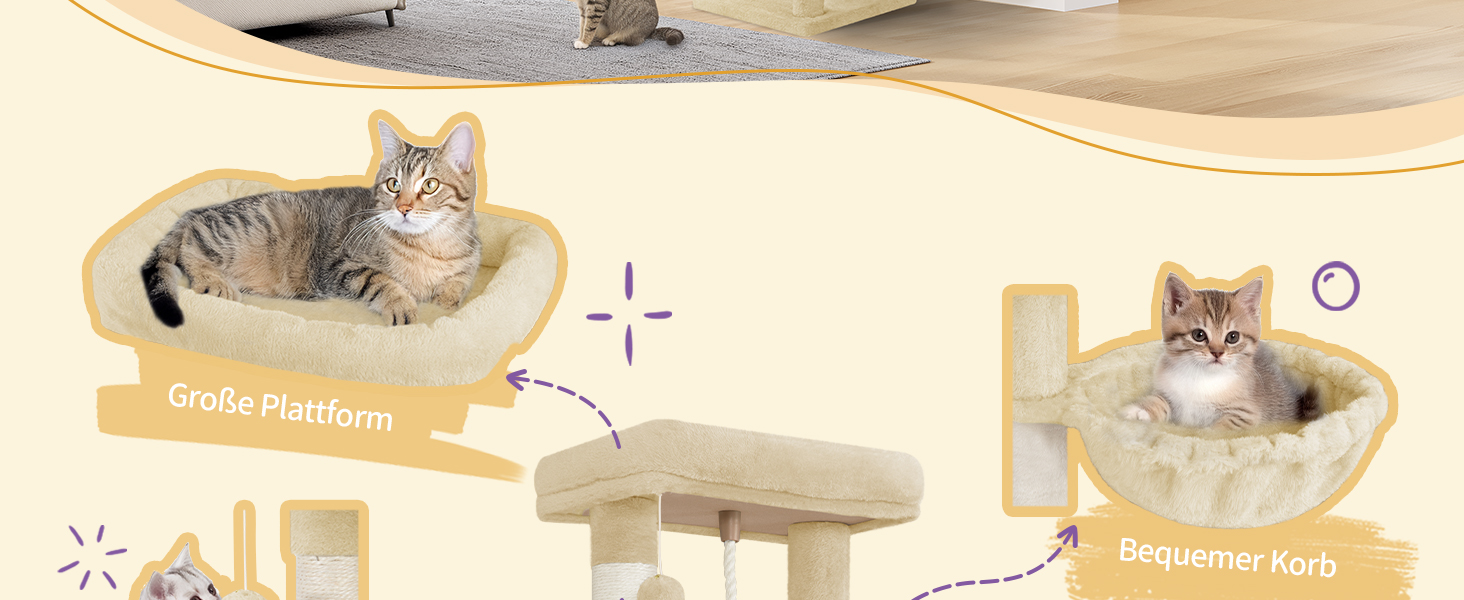 Дерев'яний будиночок для котів Hzuaneri Kratzbaum, 149 см, з 5 стовпчиками для шліфування, платформами, затишною печерею, багатоповерховий центр активності для котів, помпонами, бежевий (MS14918LG)