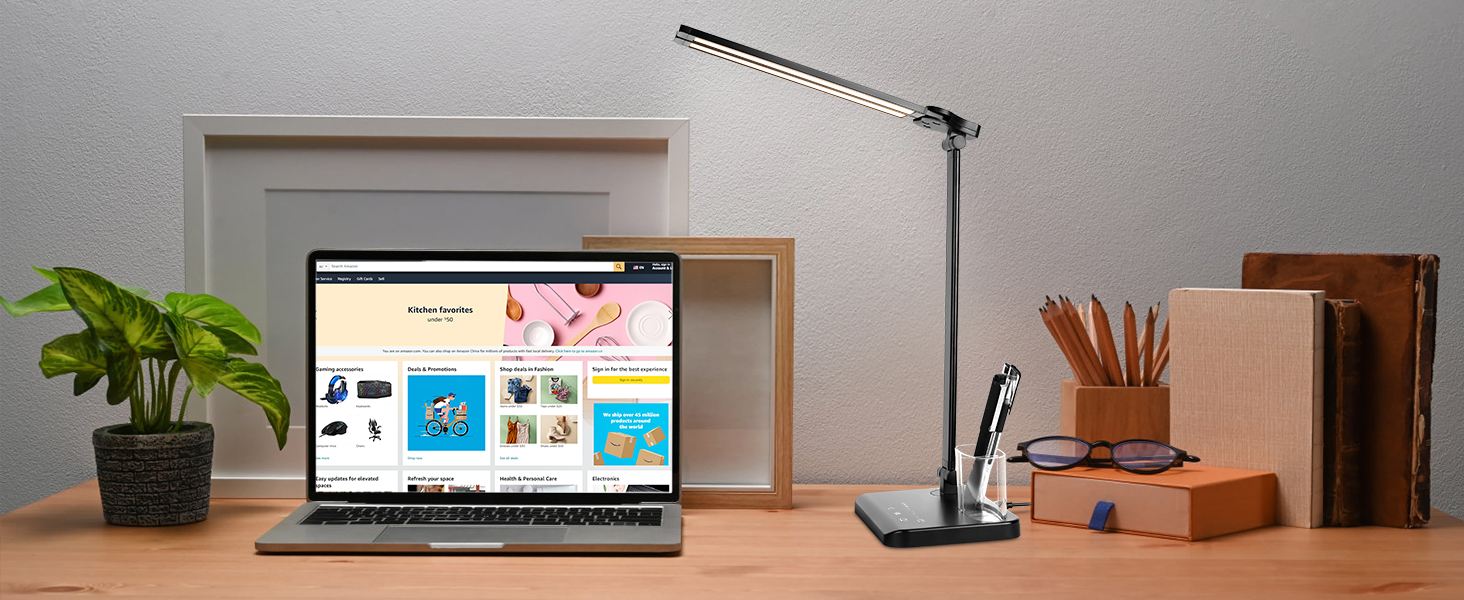 iVict LED лампа для столу з двома регульованими важелями, сенсорне керування, 5 режимів яскравості, таймер автовимкнення на 45 хвилин, USB-порт для зарядки, функція пам'яті, для дітей, білий (чорний)