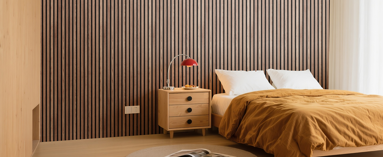 Акустичні панелі з дерев'яного шпону самоклеючі, набір 2 шт. 100x52 см, звукопоглинаючі стінові панелі для шумоізоляції та декору вітальні, офісу, коричневі