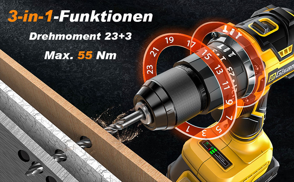 Акумуляторний шуруповерт 21V з набором 2 акумулятори 2.0Ah, 55Nm, 23+3 ступені, 10мм патрон, 2 швидкості, LED-ліхтик, 24шт аксесуарів та кейс для дому та саду