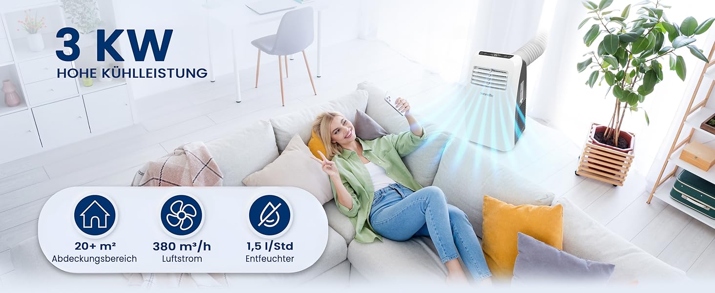 Мобільний кондиціонер SereneLife 9000BTU - 3-в-1: кондиціонер, вентилятор, осушувач повітря. Для приміщень до 42 м², білий.