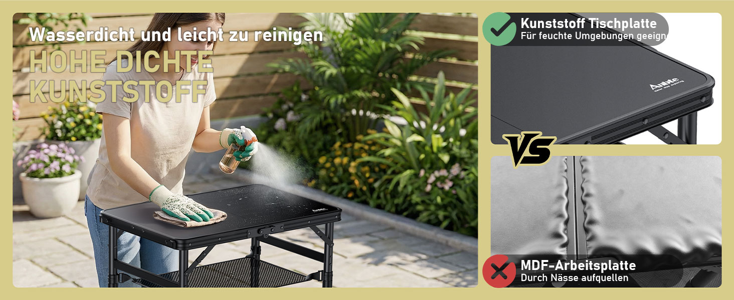 Складний кемпінговий стіл Anbte 58x40 см, алюмінієвий каркас, чорний пластиковий стіл з регульованою висотою (26/48/70 см) для пікніка, саду, балкону з сіткою для зберігання