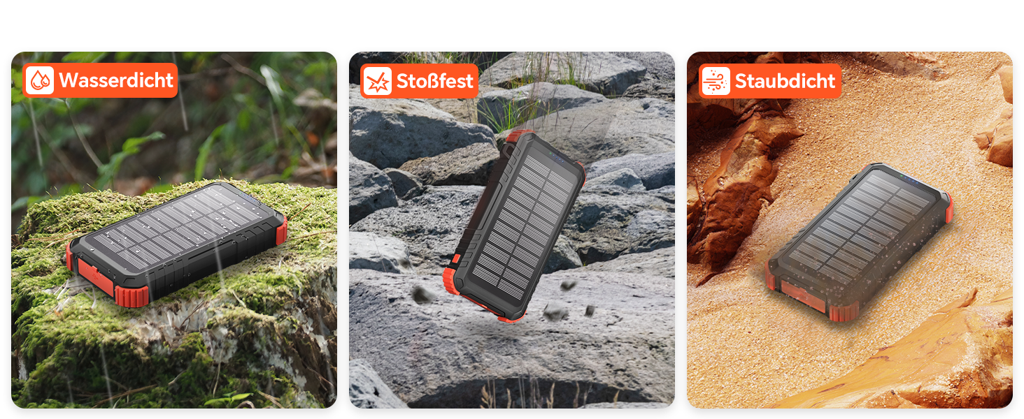 Сонячний Power Bank 26800mAh з PD15W, USB-C, 5 виходів, 3 входи, водонепроникний, з 3 кабелями, 2 ліхтариками та карабіном для кемпінгу, оранжевий