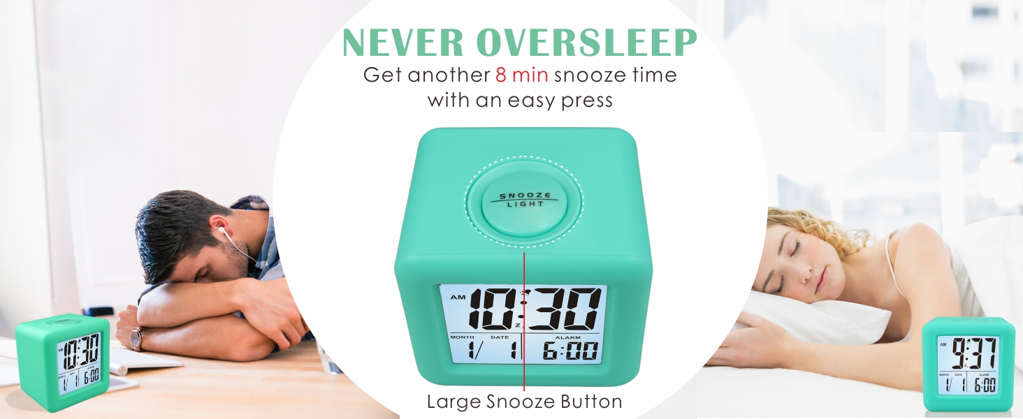 Цифровий туристичний годинник-будильник Plumeet з функцією відкладання, нічним світлом та великим дисплеєм, зеленого кольору