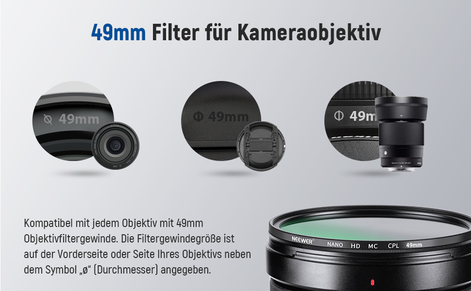 NEEWER Поляризаційний фільтр 49mm з HD склом, 24 шари, Nano MC CPL для об'єктивів камери, зменшує відблиски та покращує контраст