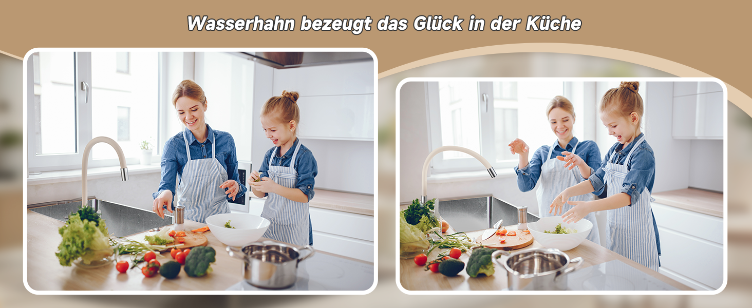 Кран кухонний з гнучким шлангом 360°, високий тиск, поворотний, нержавіюча сталь, бежевий