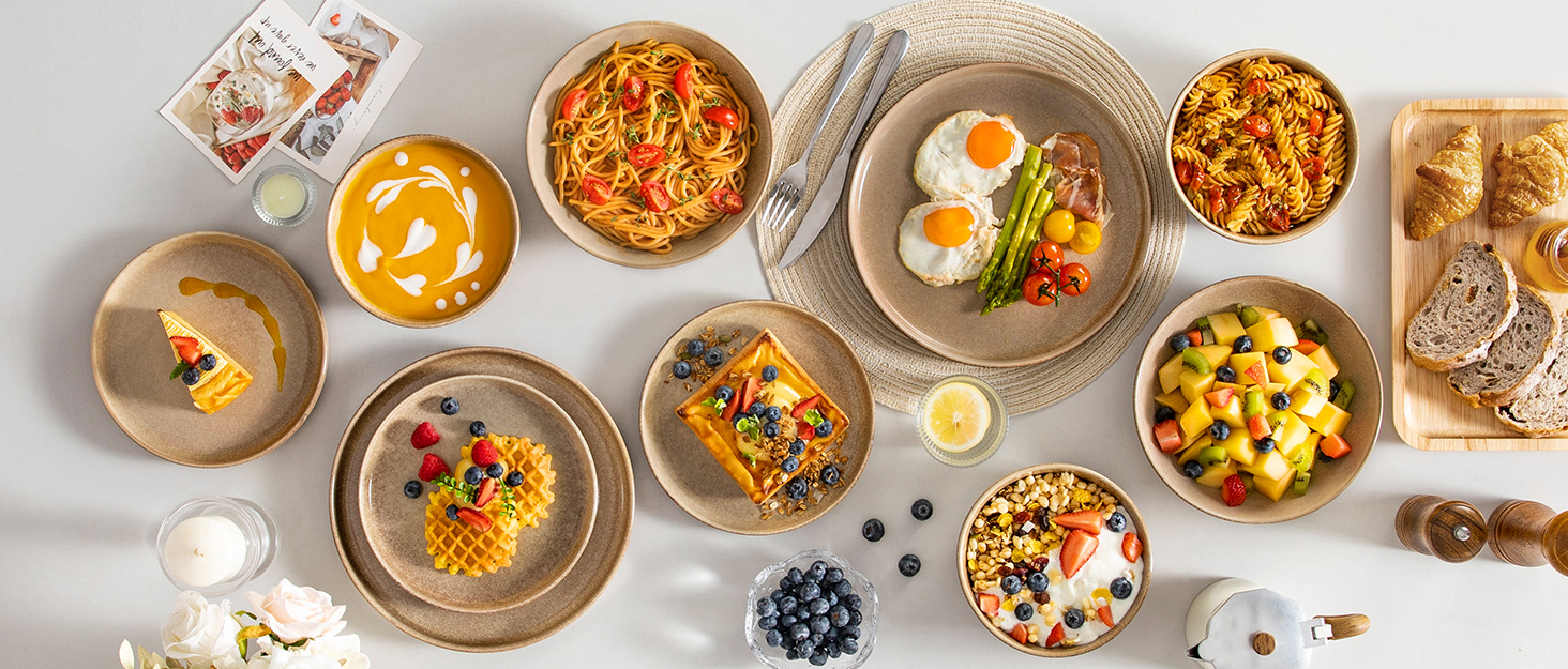 Набір посуду Steingut vancasso ANYA (48 предметів) - 6 осіб, сучасний сервіз з тарілок, десертних тарілок та мисок, коричневий. Підходить для миття в посудомийній машині та використання в мікрохвильовій печі.