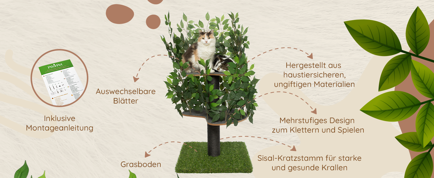 Дерево для котів Kratzbaum Natur - велике, багатоярусне, з можливістю заміни листів, безпечні матеріали, 120 см