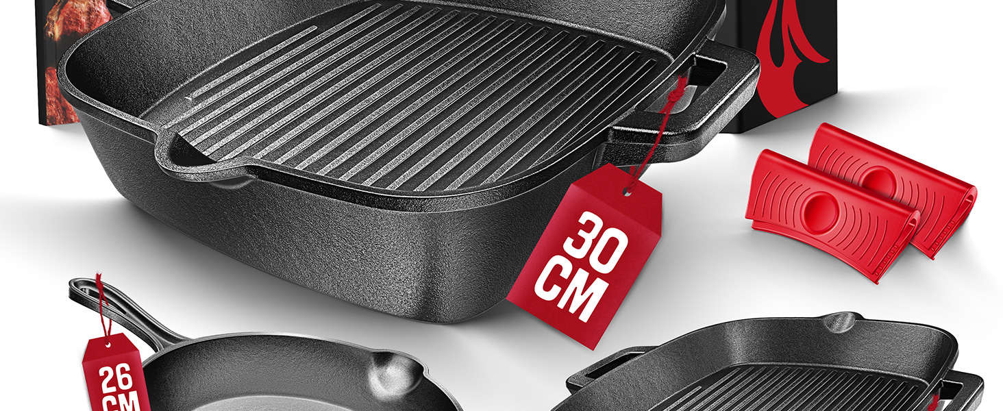 Чавунна сковорода-гриль KESSER® 26 см для індукції, газу, духовки та вугільного гриля | Сковорода для стейків з захисними ручками, кухонна книга та очищувач