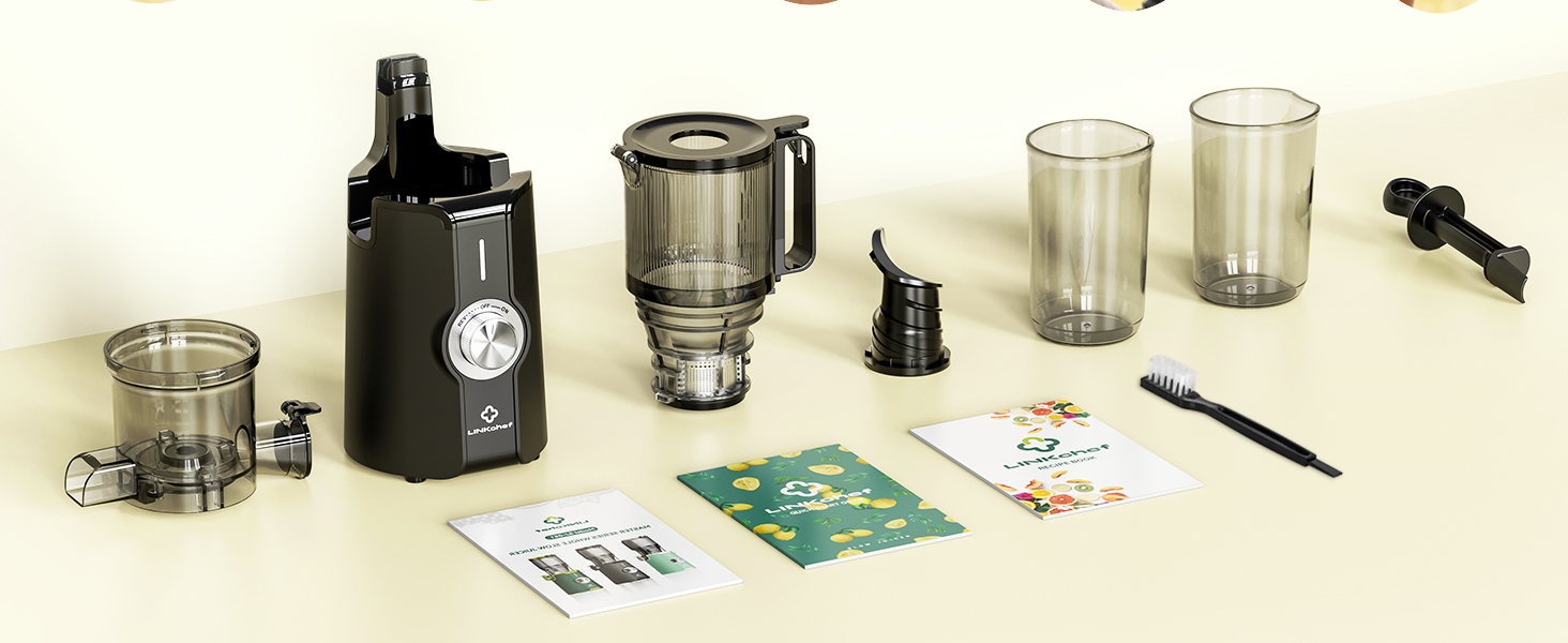Шнекова соковижималка LINKChef Slow Juicer для овочів та фруктів, широкий завантажувальний отвір 115 мм, потужність 200 Вт, BPA-free, чорна