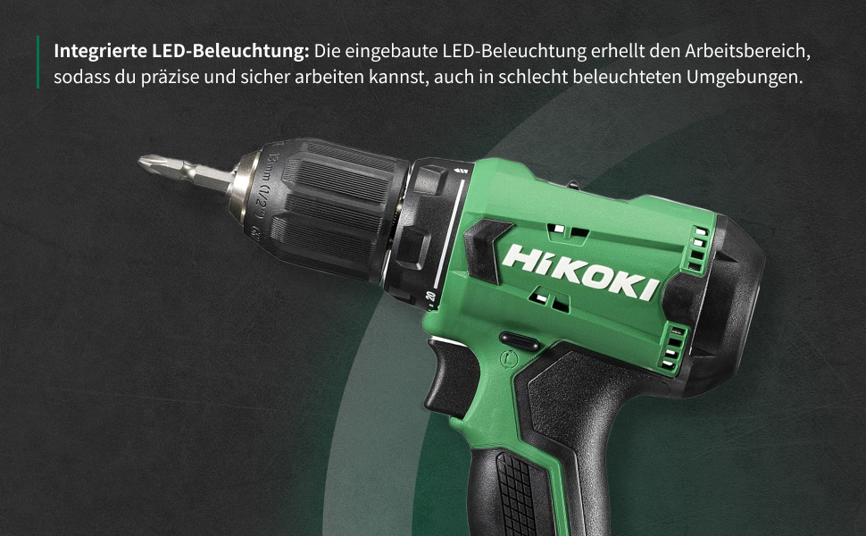 Акумуляторний дриль-шурупокрут HiKOKI DS18DA (18V, Li-Ion, 50 Нм, 20-рівневе регулювання крутного моменту, LED, у транспортному кейсі, з 2x 2.0 Ah акумуляторами та зарядним пристроєм)