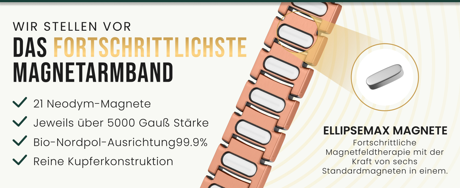 Браслет на руку чоловічий MagnetRX® з чистої міді – Магнітний браслет для чоловіків для магнітної терапії – Ідеально підходить при артриті та синдромі зап'ястного каналу – З інструментом для регулювання довжини (5 рівнів інтенсивності – EllipseMAX (5000 Гаус), мідь)