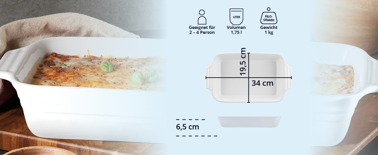 Форма для запікання KHG велика 40 см, 3 л, для 4-6 осіб, кераміка, прямокутна, стійка до подряпин, для лазаньї, тірамісу та іншого (1 шт, біла)