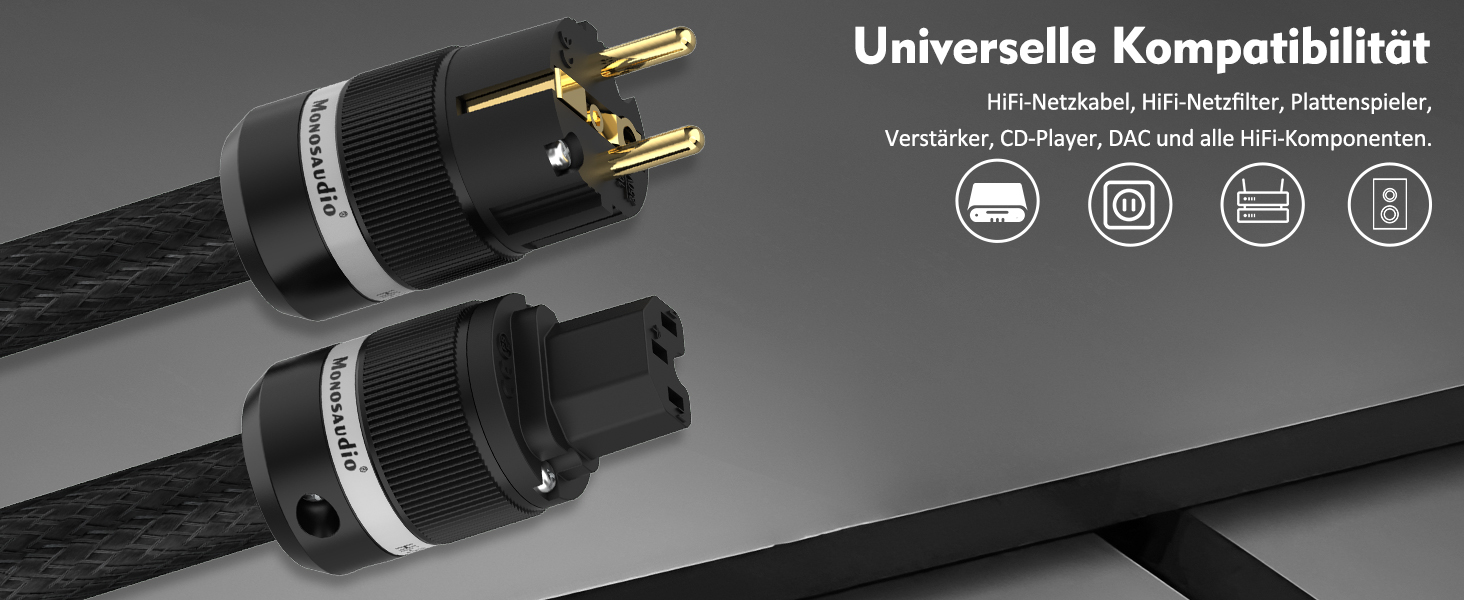 Hi-Fi мережевий кабель Monosaudio P903 OCC 2.5Sq, мідний екран, 1.5м, роз'єми EU Schuko та IEC C15 для підсилювача, DVD, сабвуфера