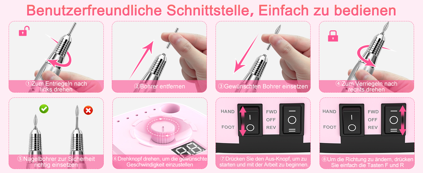 Електричний фрезер для нігтів Nailgirls 11 в 1 з педаллю, 35000 об/хв, для гель-лаку, манікюру та педикюру (Рожевий)