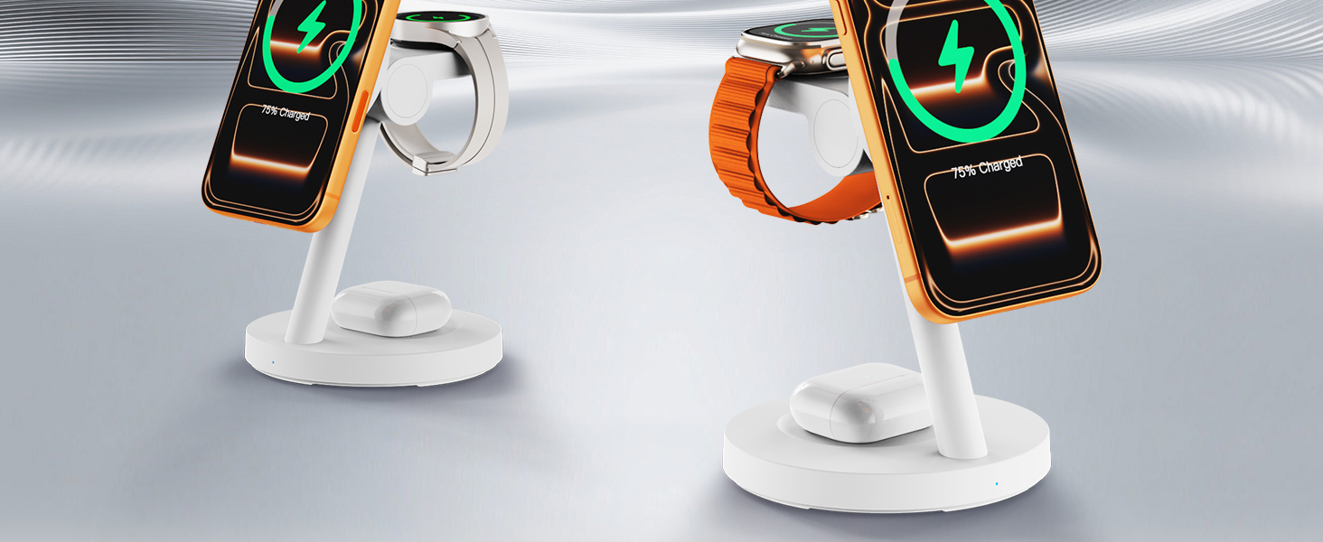 Зарядна станція JoyGeek 3-в-1 з магнітною індукцією 25W для iPhone 17/16, Apple Watch, Samsung Watch та AirPods. Білий матовий.