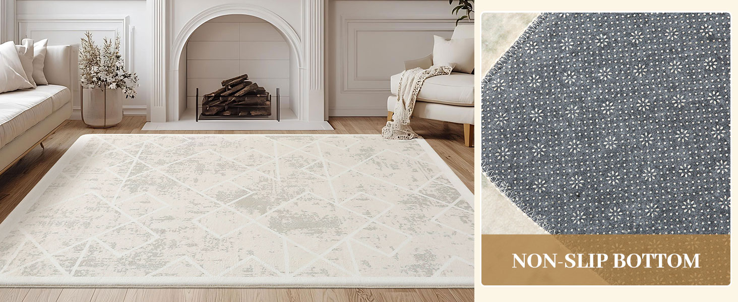 Килим Leesentec для вітальні, спальні: геометричний, сучасний, антиковзаючий, короткий ворс, бежевий, великий, білий (слонова кістка), 80 x 120 см, прямокутний